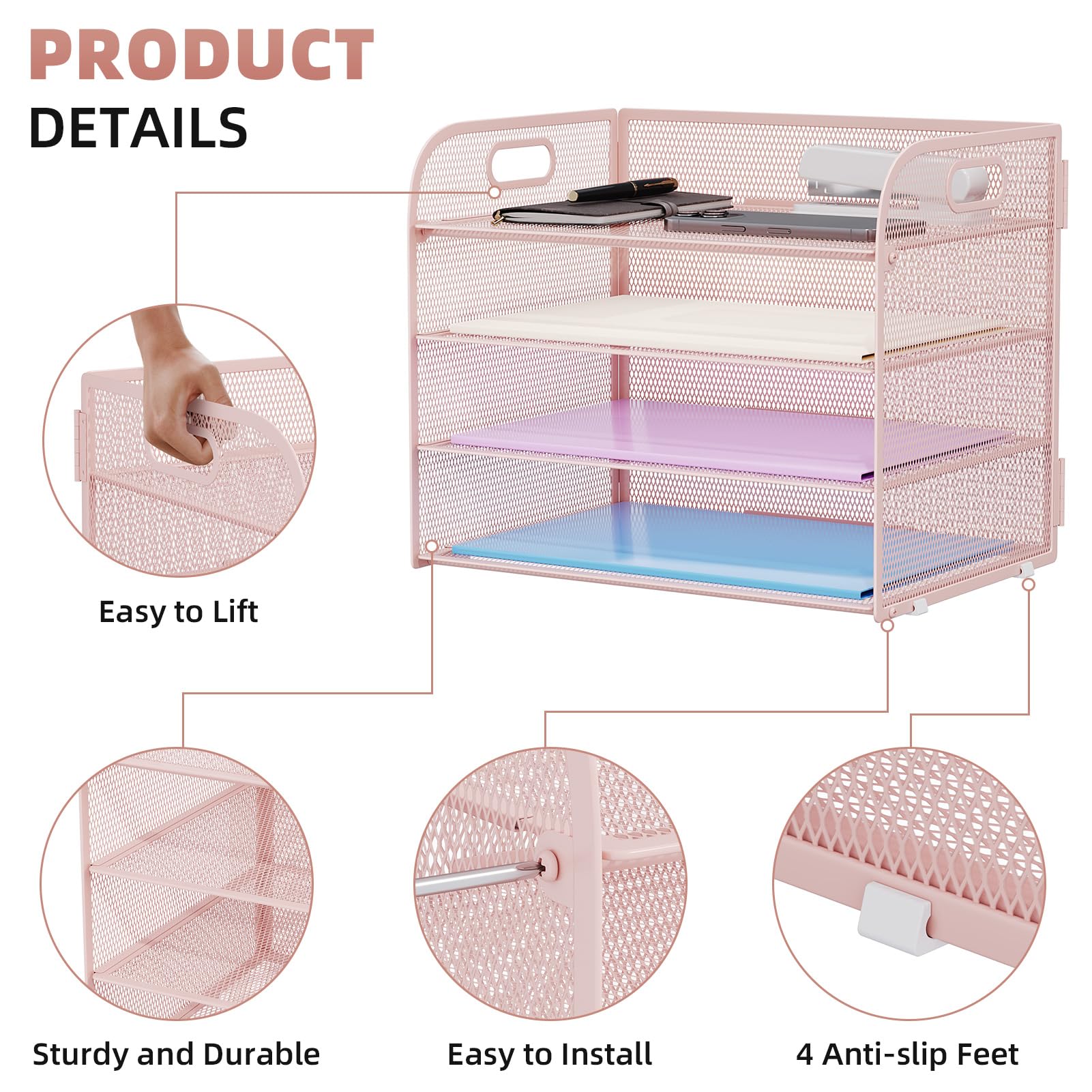 Marbrasse 4 Tier Paper Organizer Letter Tray - Mesh Desk File Organizer with Handle, Paper Sorter