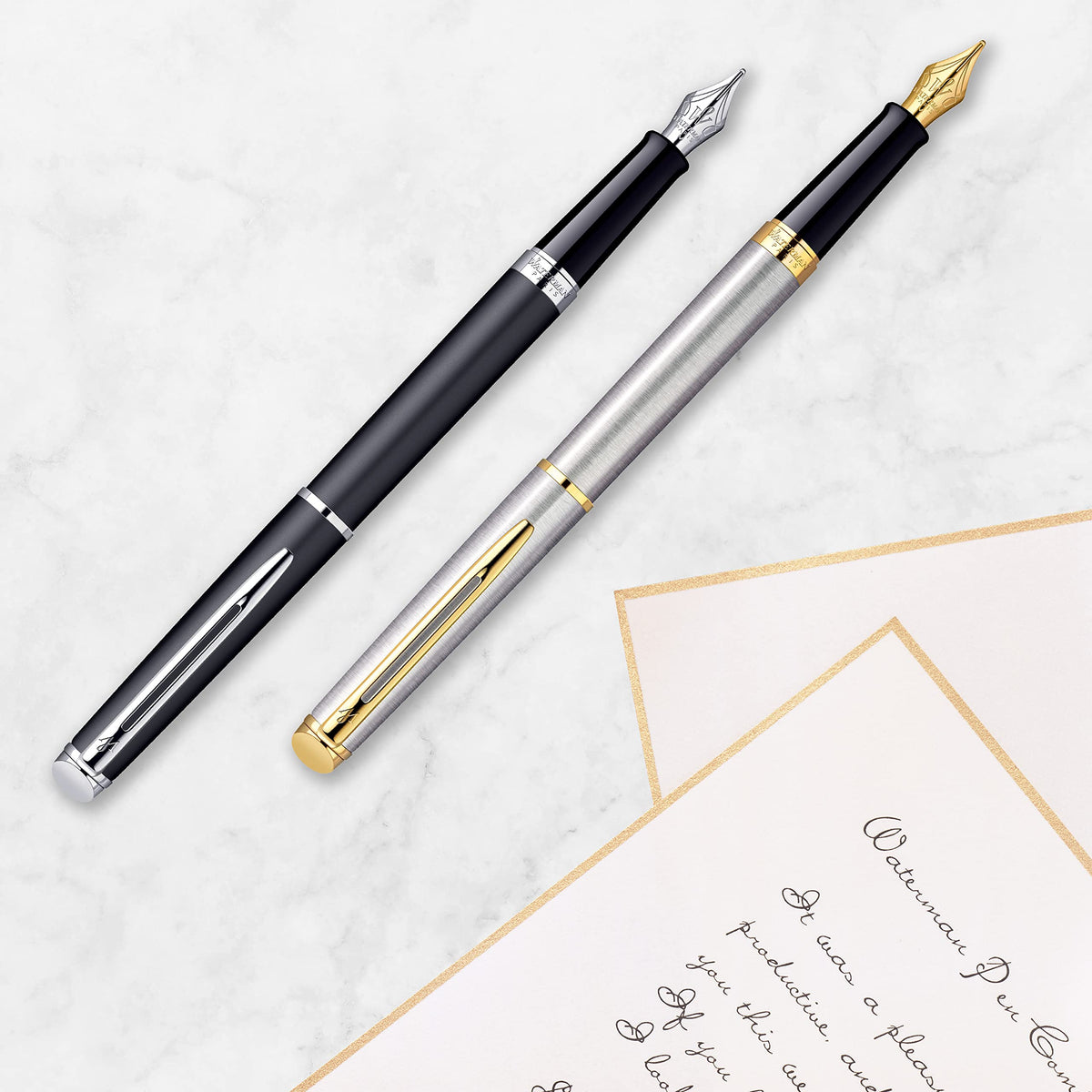 Waterman Hemisphere Fountain Pen Black with Gold Trim Medium Nib Blue Ink Gift Box
