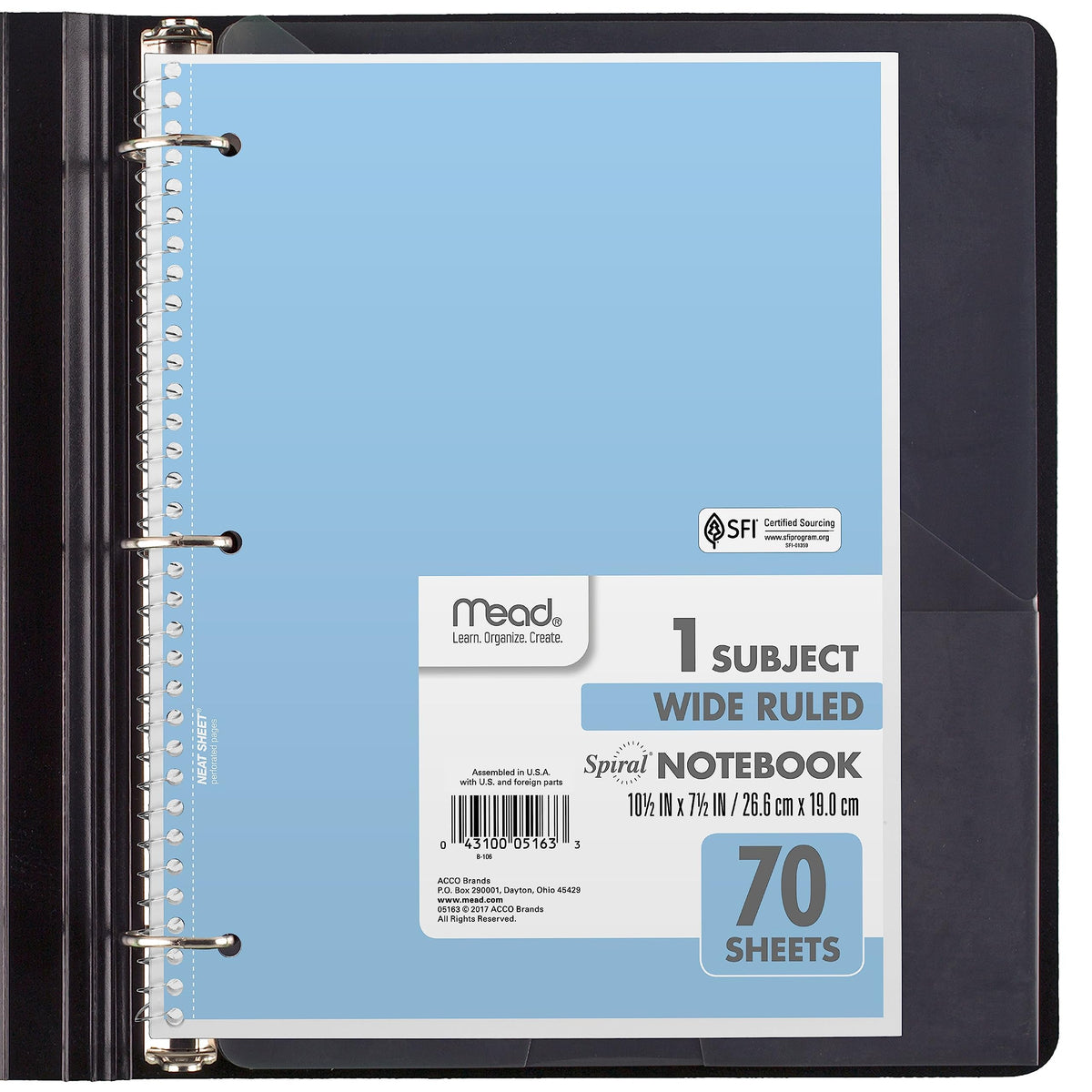 Mead Spiral Notebook, 6 Pack, 1 Subject, Wide Ruled Paper, 7-1/2" x 10-1/2", 70 Sheets per