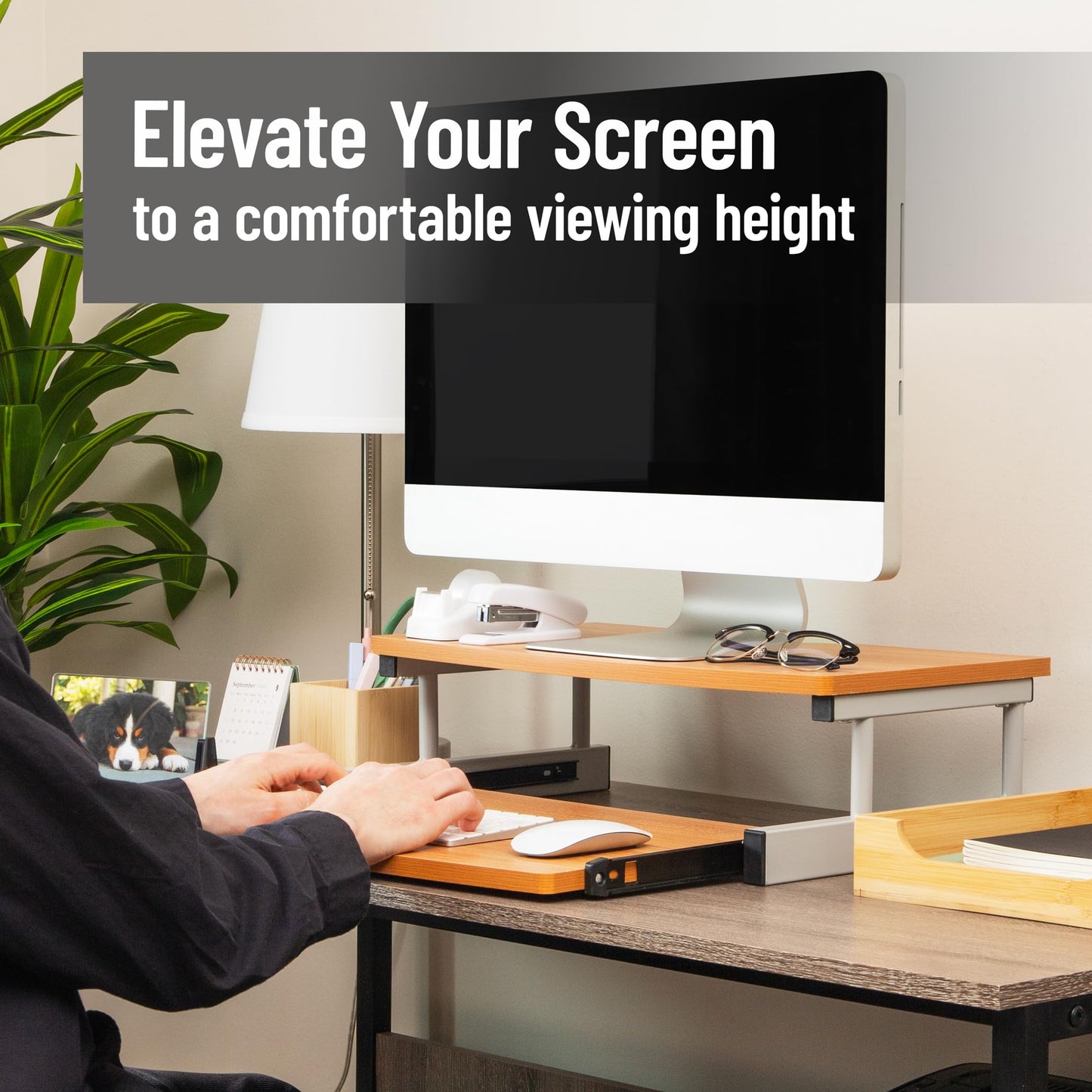 Mind Reader Monitor Stand, Sliding Keyboard Drawer, Laptop, Riser, Office, Wood/Metal, 20"L x