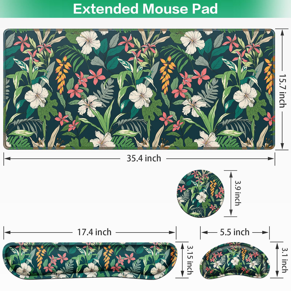 Desk Mat Floral, Large Gaming Mouse Pad with Wrist Rest, 4in1 XXL