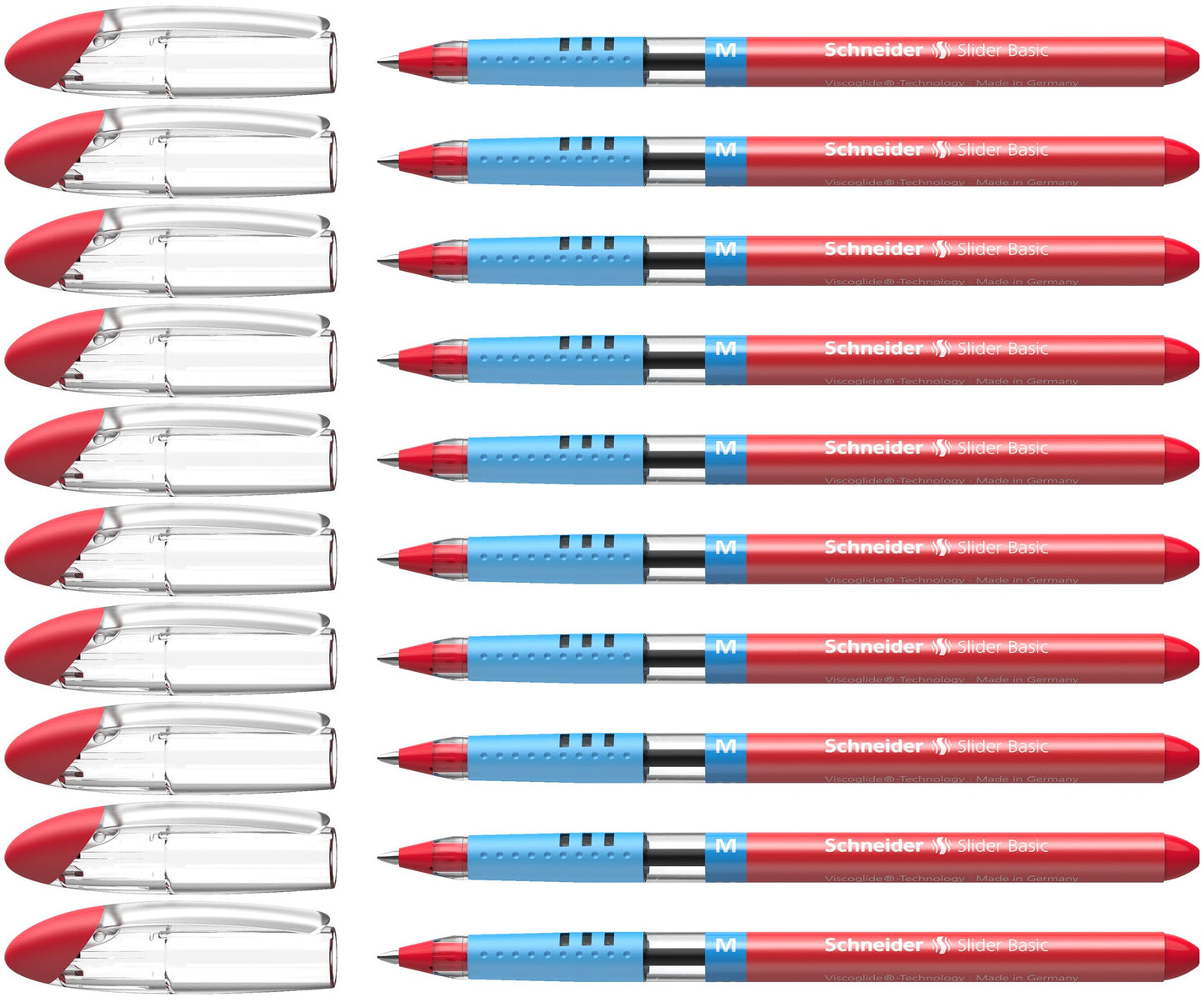 Schneider Slider Basic M (Medium) Ballpoint Pen, 1.0 mm, Light Blue Barrel, Red Ink, Box of 10 Pens