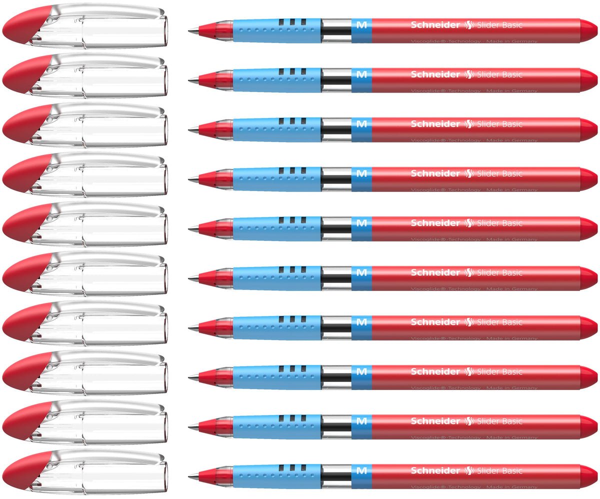 Schneider Slider Basic M (Medium) Ballpoint Pen, 1.0 mm, Light Blue Barrel, Red Ink, Box of 10 Pens