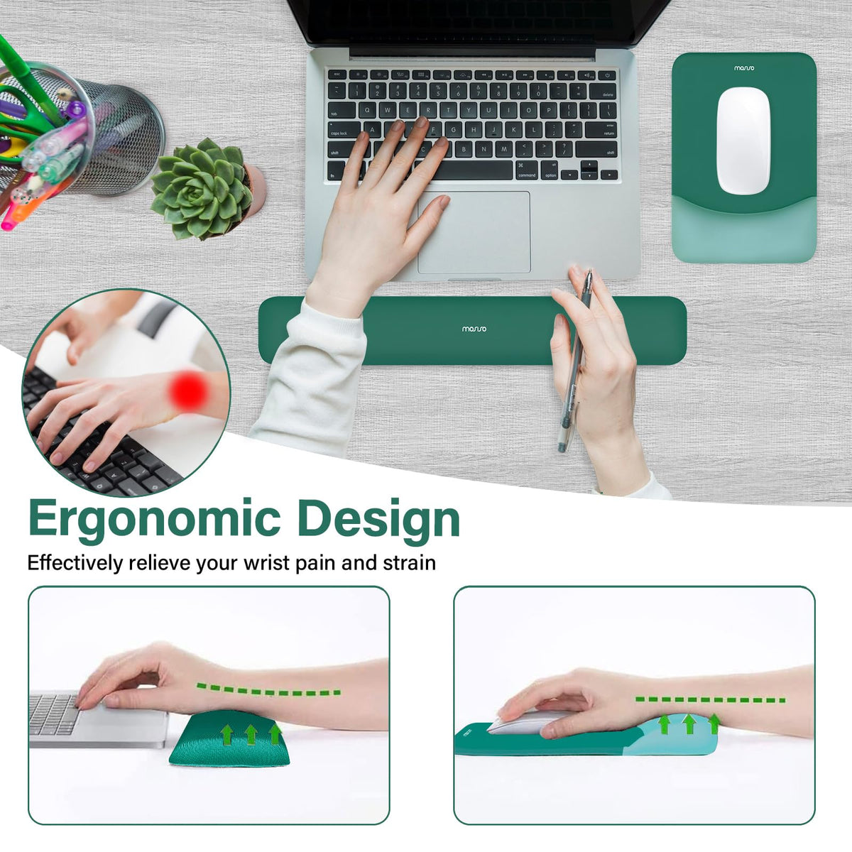 MOSISO Wrist Rest Support Mouse Pad & Keyboard Set, Peacock Green