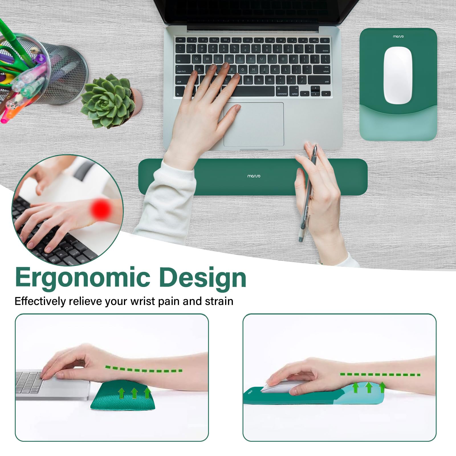 MOSISO Wrist Rest Support Mouse Pad & Keyboard Set, Peacock Green