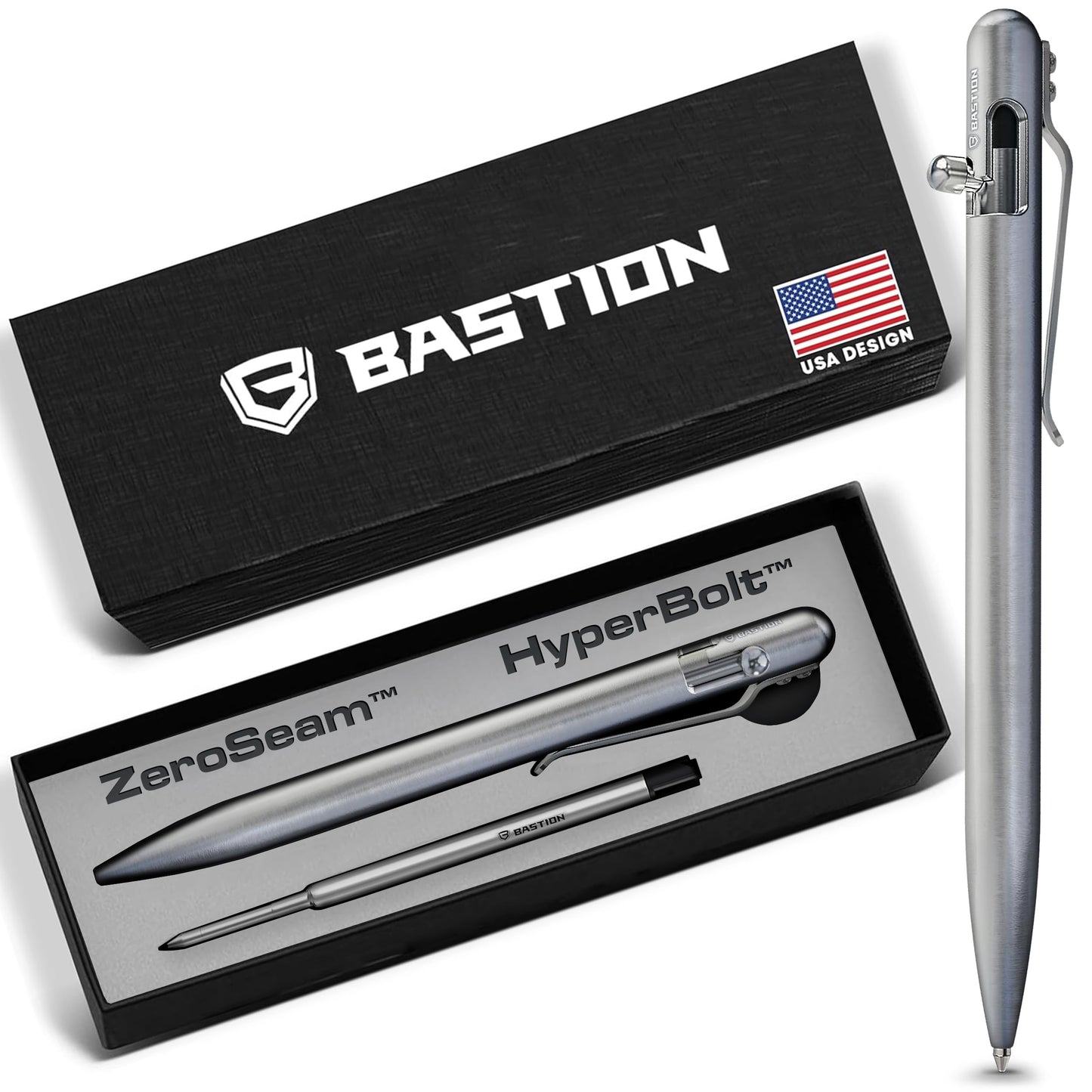 BASTION Bolt Action Pen, Titanium Silver Slim, HyperBolt & ZeroSeam EDC Pen, Refillable Titanium