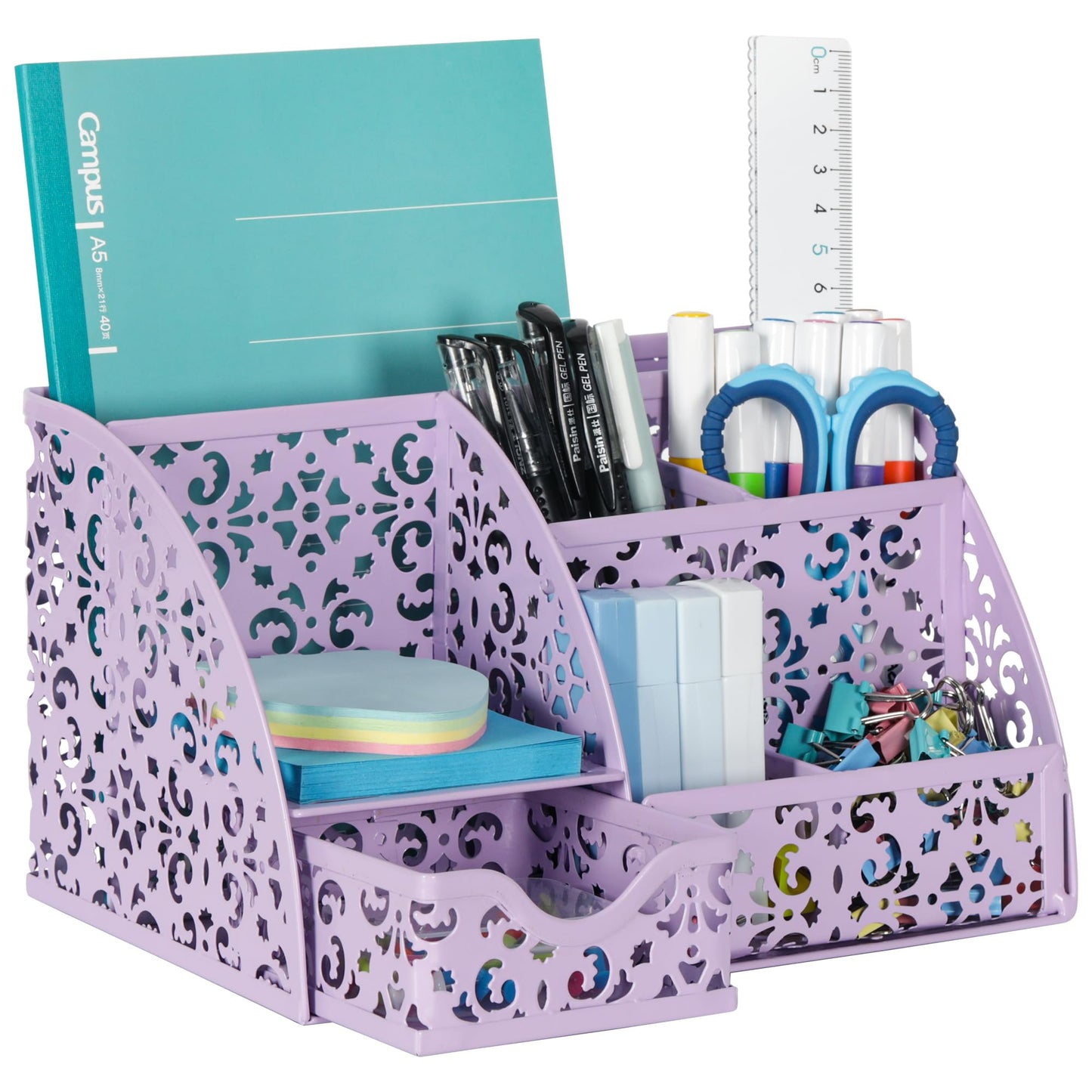 EasyPAG Pen Holder Desk Organizer with Drawer Pencil Cup for Desk 6 Compartments Metal Office Caddy