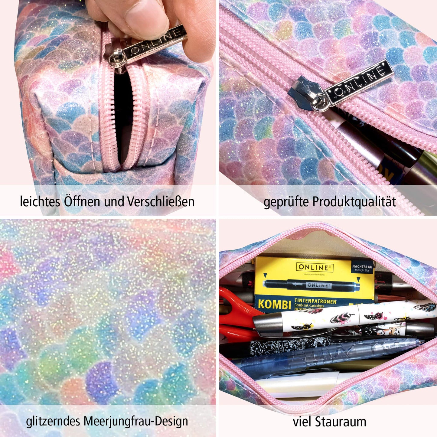 ONLINE Pencil Case Mermaid, Large Capacity Storage Bag, Box with Zipper, Sparkling Pen case for