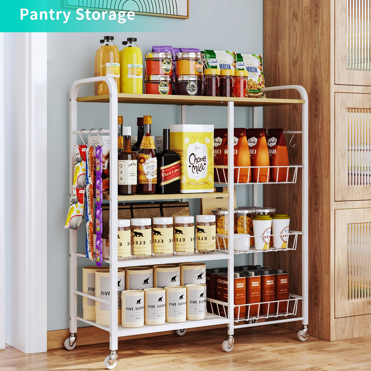 HapiRm Rolling Kitchen Microwave Cart - 4 Tier Microwave Table Stand with Pull-Out Baskets, Coffee