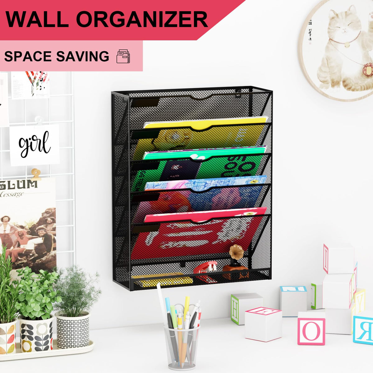 GDINDINFAN Hanging Wall File Organizer 6 Tier Wall Mounted Mail Paper Folder Holder Document