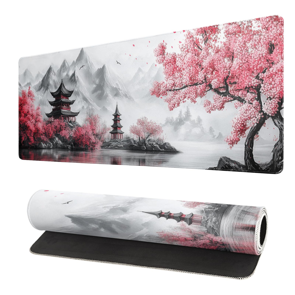 Retro Cherry Blossoms Mouse Pad 31.5x11.8 Inch White Full Desk Japanese Mousepad Extended Large