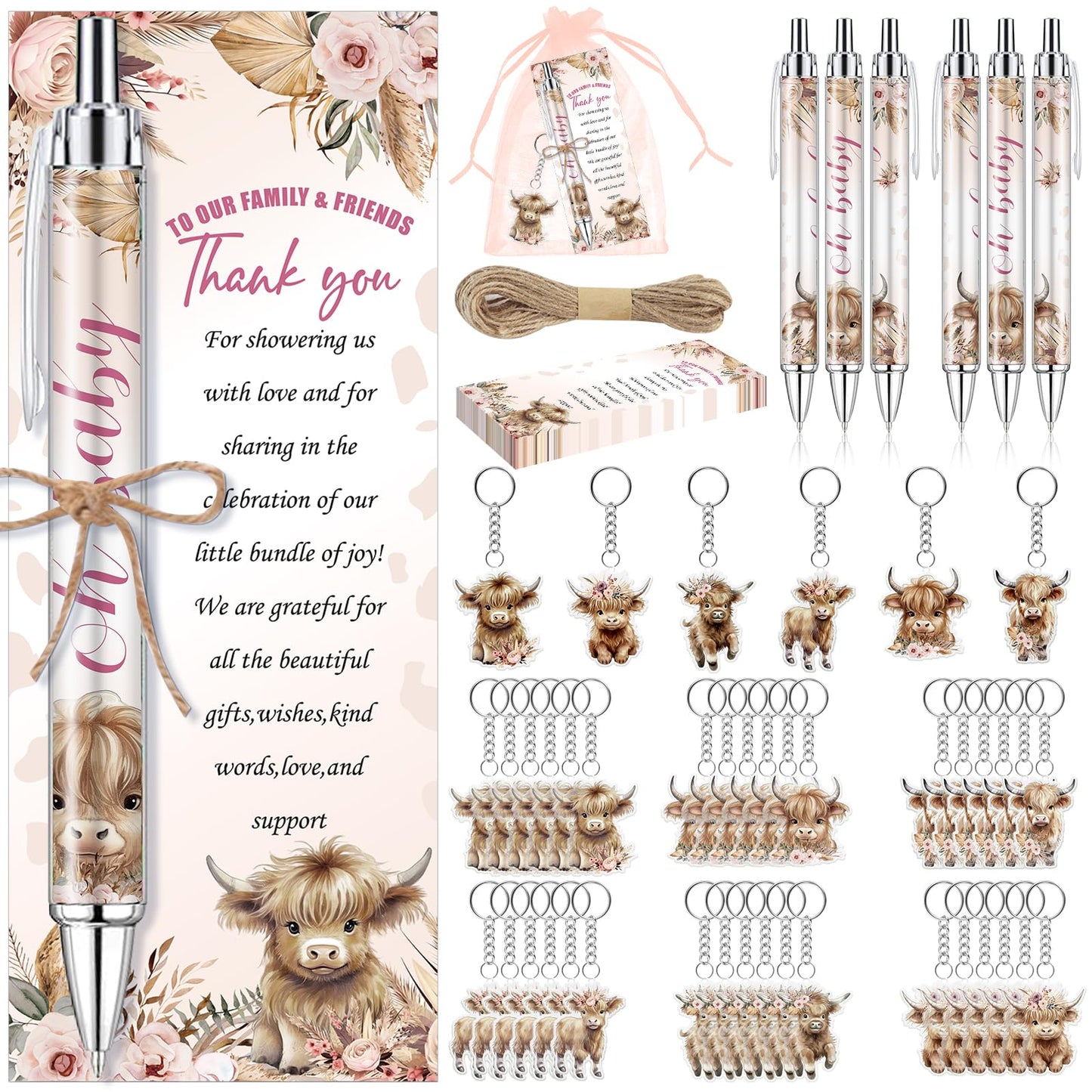 EYNDYN 289 Pieces Highland Cow Baby Shower Favors for Guest Party Ballpoint Pens and Keychains