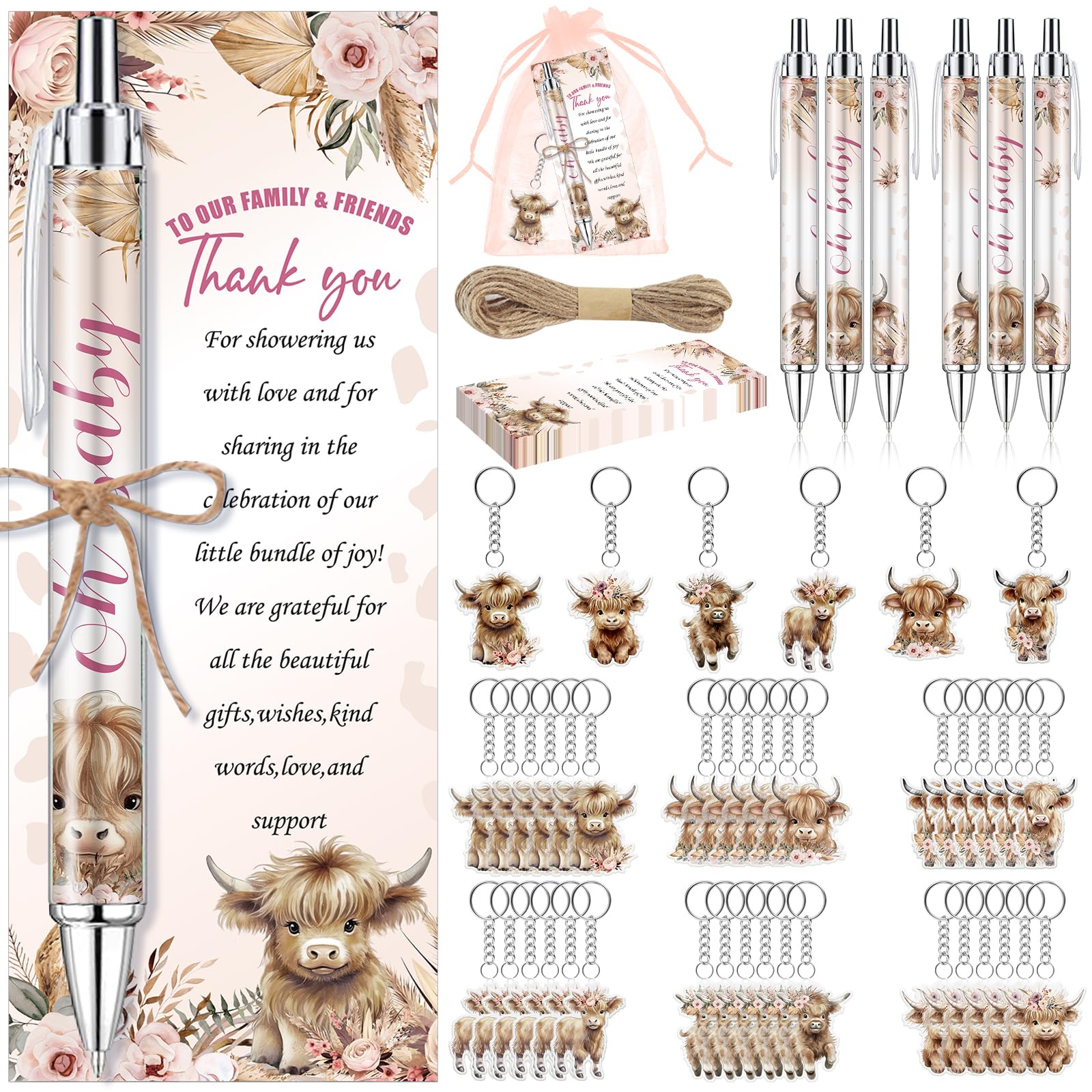EYNDYN 289 Pieces Highland Cow Baby Shower Favors for Guest Party Ballpoint Pens and Keychains