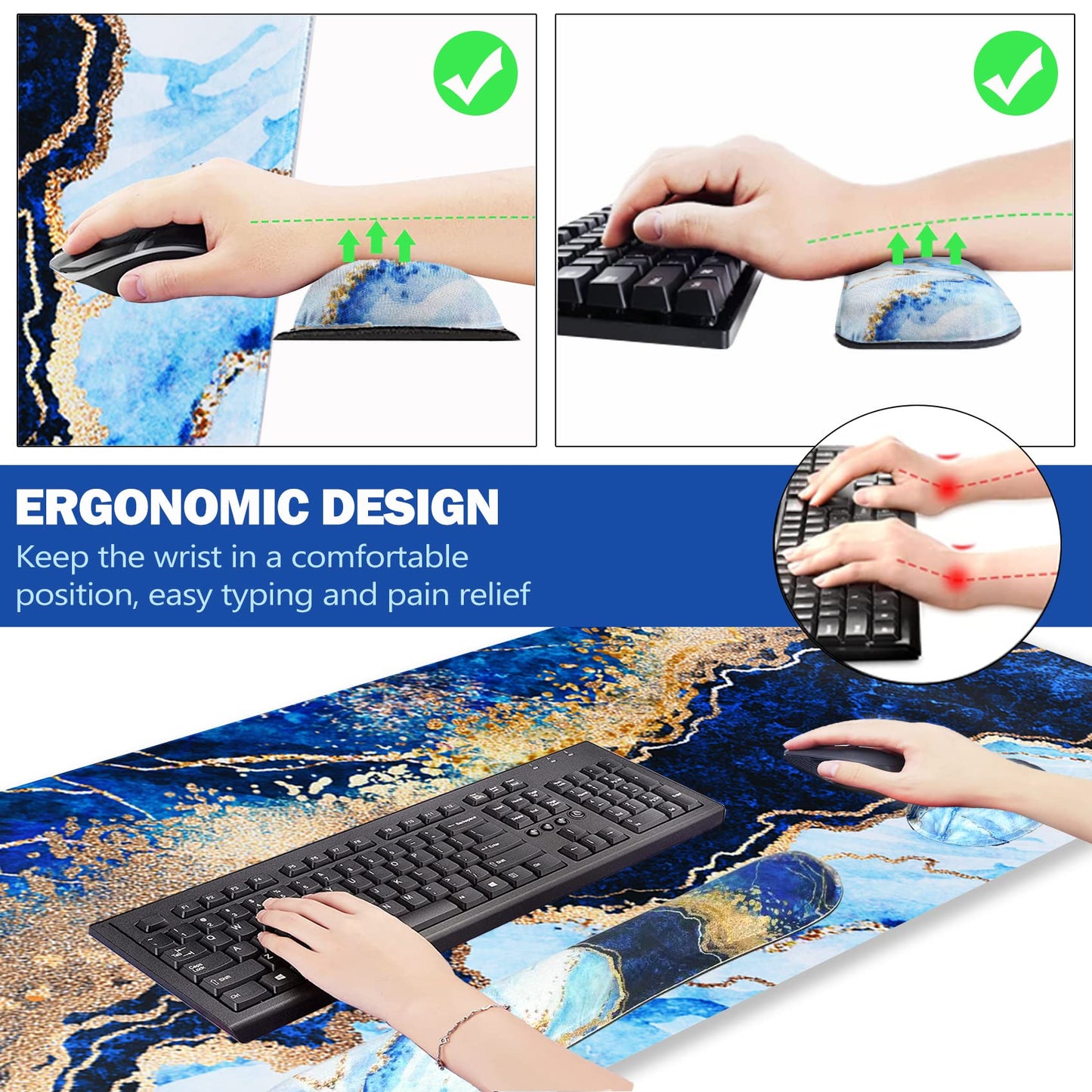ARTSO Large Gaming Mouse Pad, Keyboard Wrist Rest Pad & Wrist Support Mousepad Set, Stitched Edge