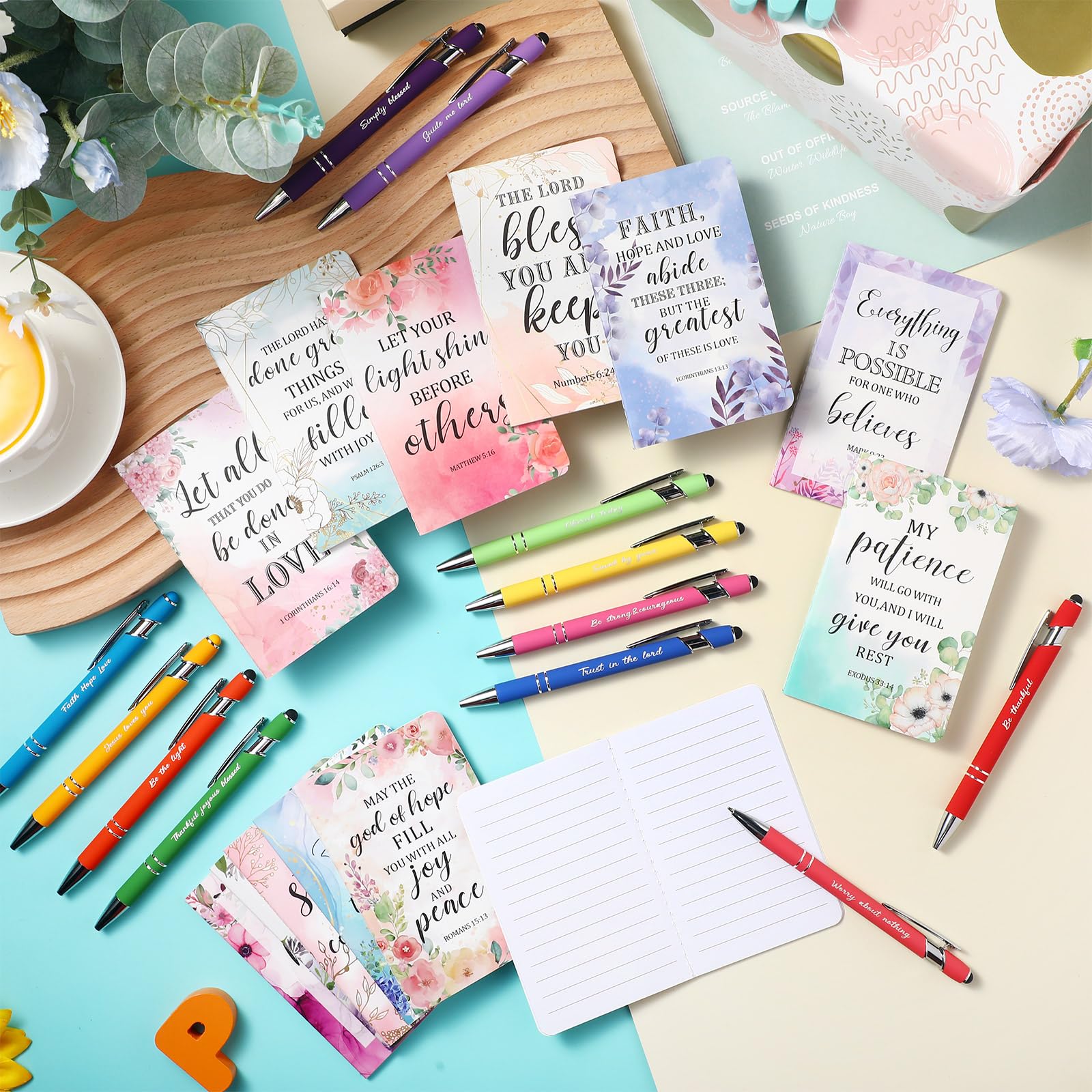 PerKoop 48 Pcs Christian Gifts Notebooks and Pens Bulk - Bible Pocket Notebooks Scripture Ballpoint