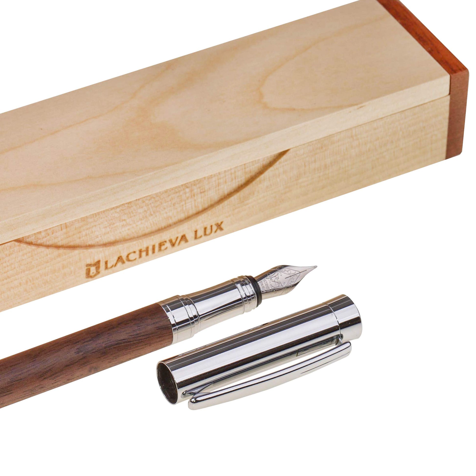 LACHIEVA LUX Walnut Fountain Pen, German Fine Nib, Smooth Ink Flow, Wooden Gift Box with Converter