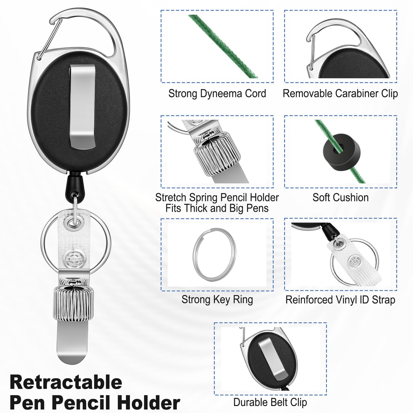 8 Pack Retractable Pen Holder with 32 in Dyneema Cord and Metal Pen Clip