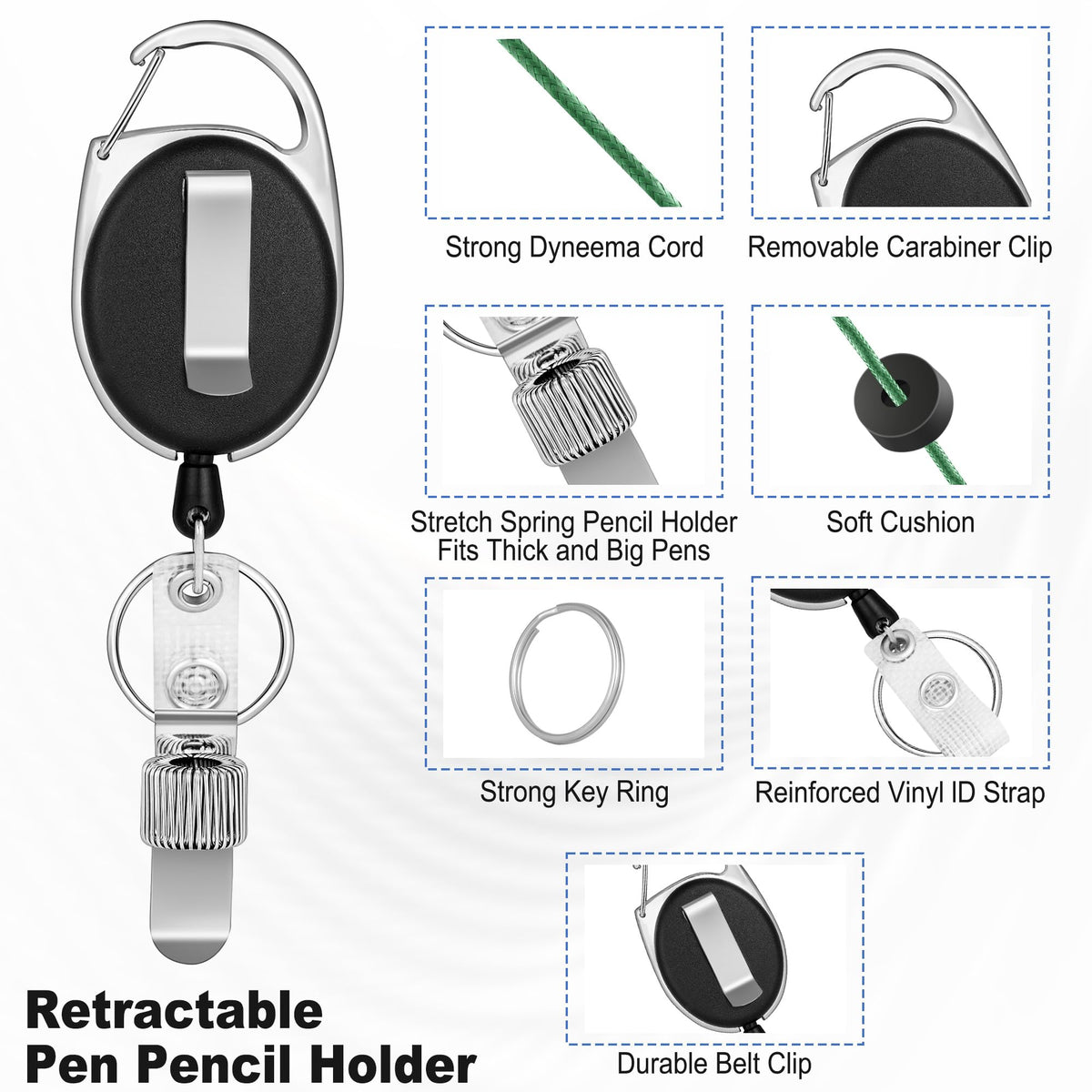 8 Pack Retractable Pen Holder with 32 in Dyneema Cord and Metal Pen Clip