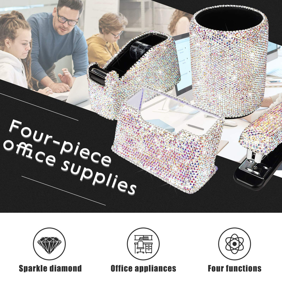 Bling Crystal Luxury Handmade Diamond Round Pencil Pen Pot Holder & Stapler & Card Holder & Desktop