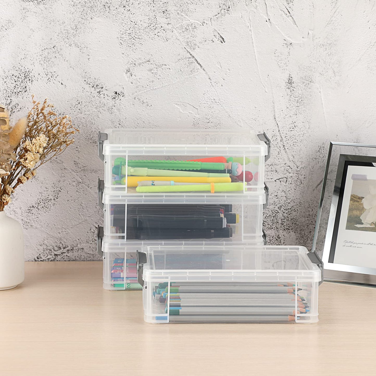 BTSKY 4 Pack Extra Large Plastic Pencil Box Stackable, Translucent, Grey