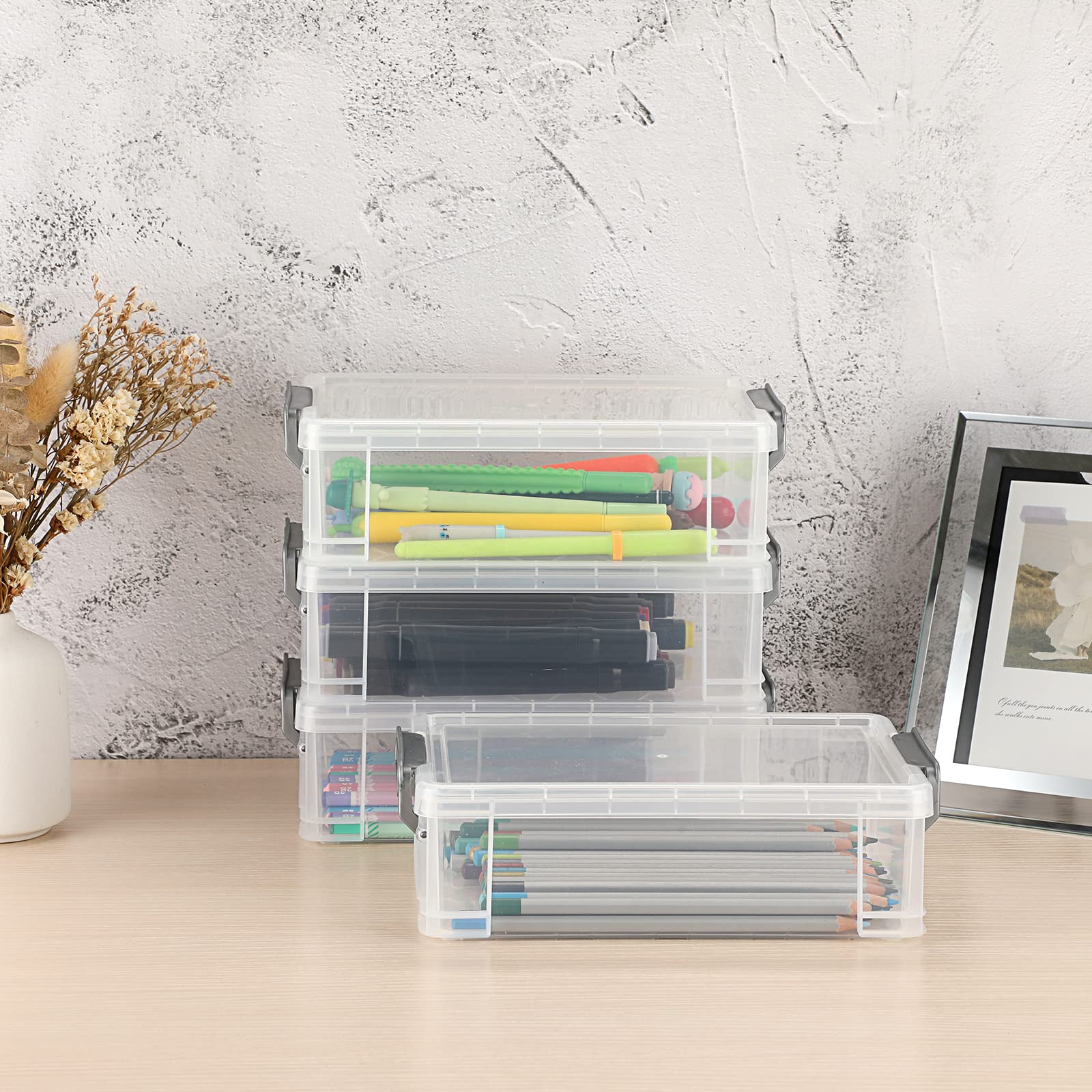 BTSKY 4 Pack Extra Large Plastic Pencil Box Stackable, Translucent, Grey