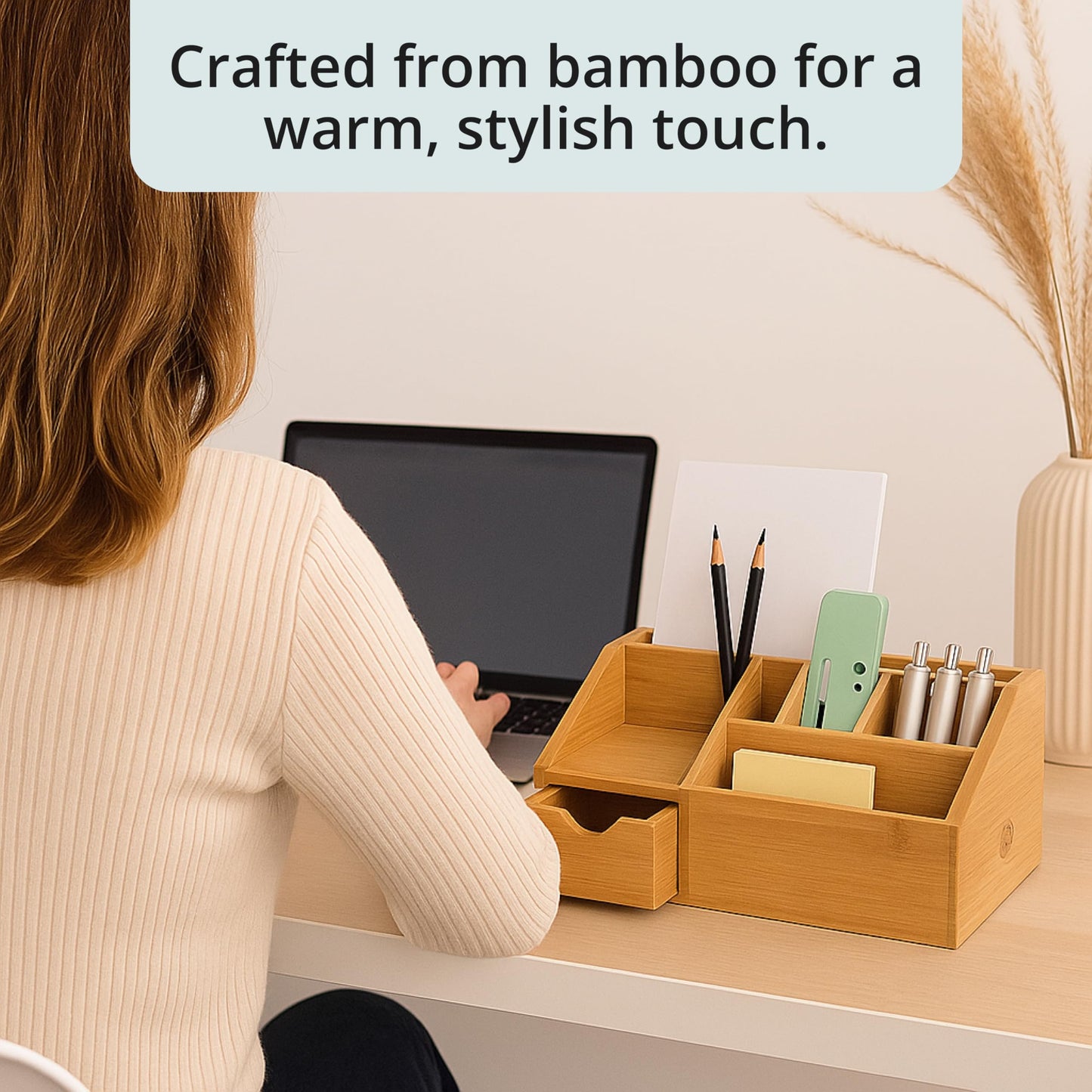 FLYGRUBS Thingles Bamboo Desk Organizer, Wood Pen Holder with Drawer, Storage Box, Pencil Box, Desk