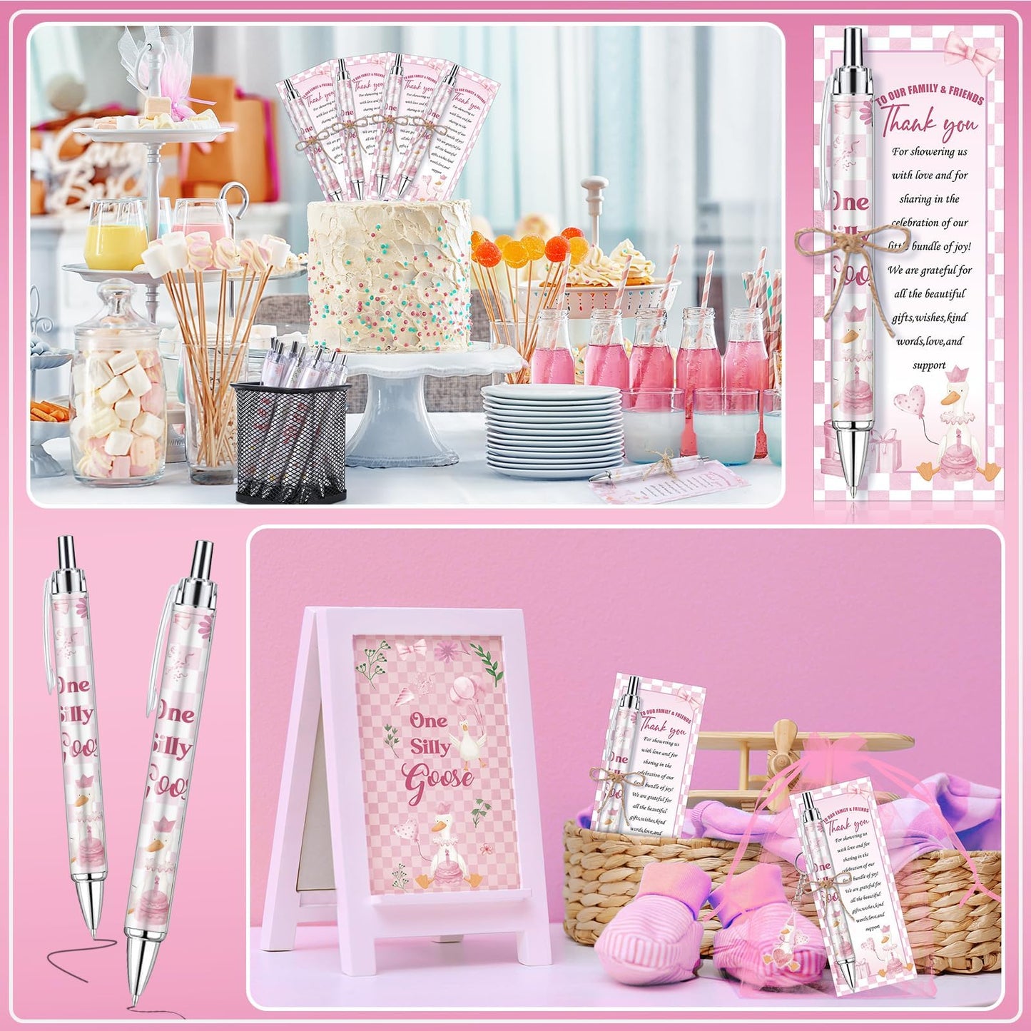 EYNDYN 145 Pieces Silly Goose Baby Shower Favors for Guest Pink Goose Ballpoint Pens and Keychains