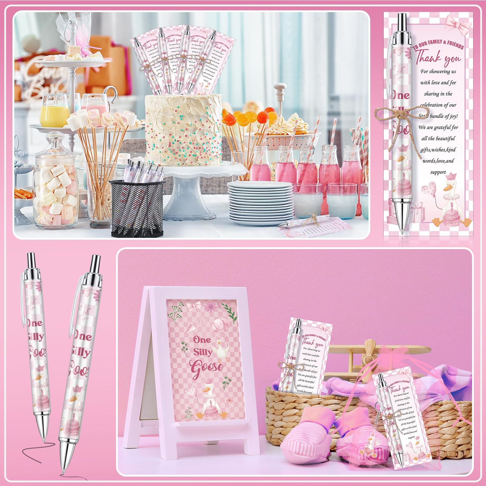 EYNDYN 145 Pieces Silly Goose Baby Shower Favors for Guest Pink Goose Ballpoint Pens and Keychains