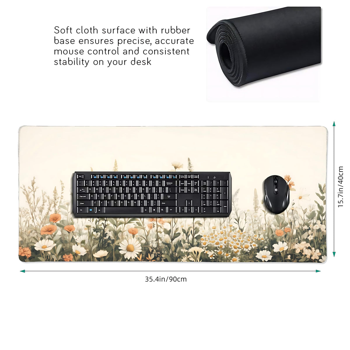Floral Aesthetic Wildflower Gaming Mouse Pad, Beige Vintage Botanical Desk Mat with Anti-Slip Base