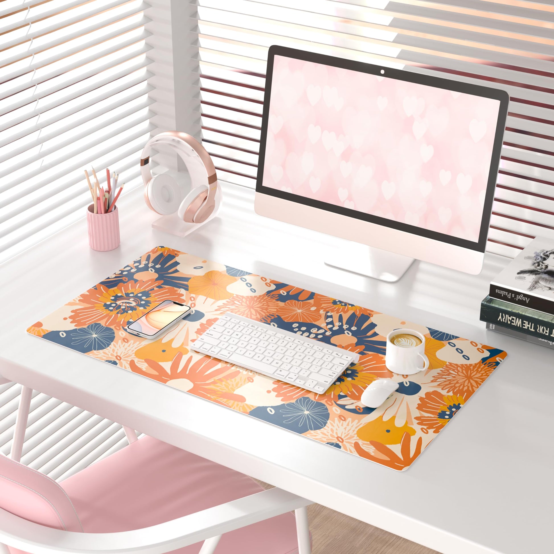 QiyI PU Leather Large Mouse Pad, Office Decor, 31.5" x 15.7", Orange Flower