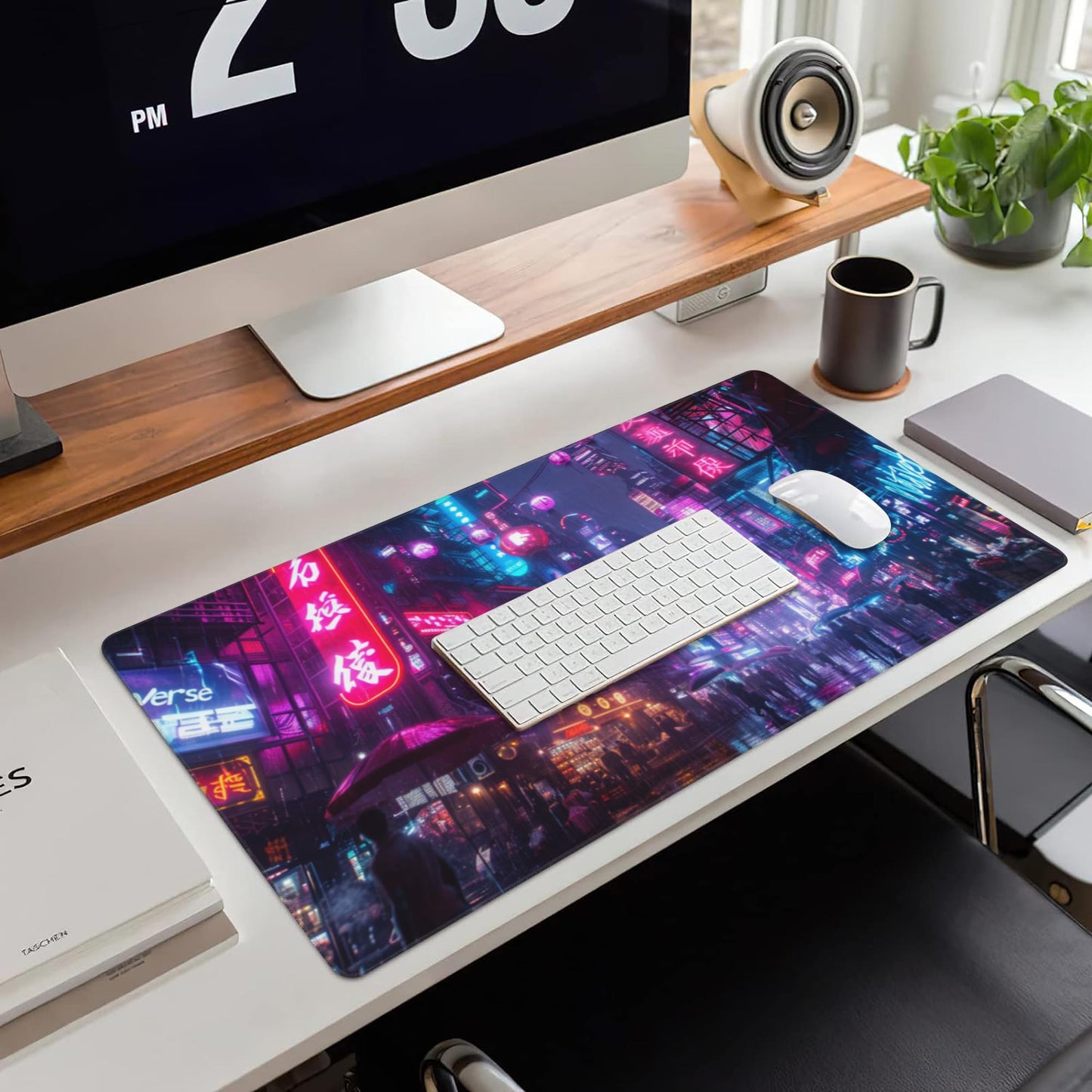 Desk Mat,Cyberpunk Neon City Large Gaming Mouse Pad for Desk XXL,Futuristic Night Street Desk