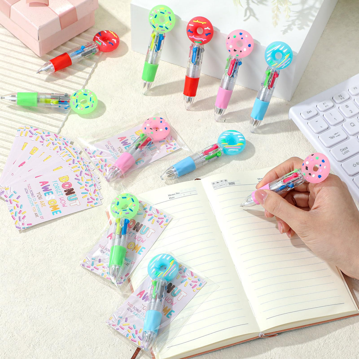 Sayglossy 24 Sets Donuts Party Favor Pens Gift Bulk with Positive Cards