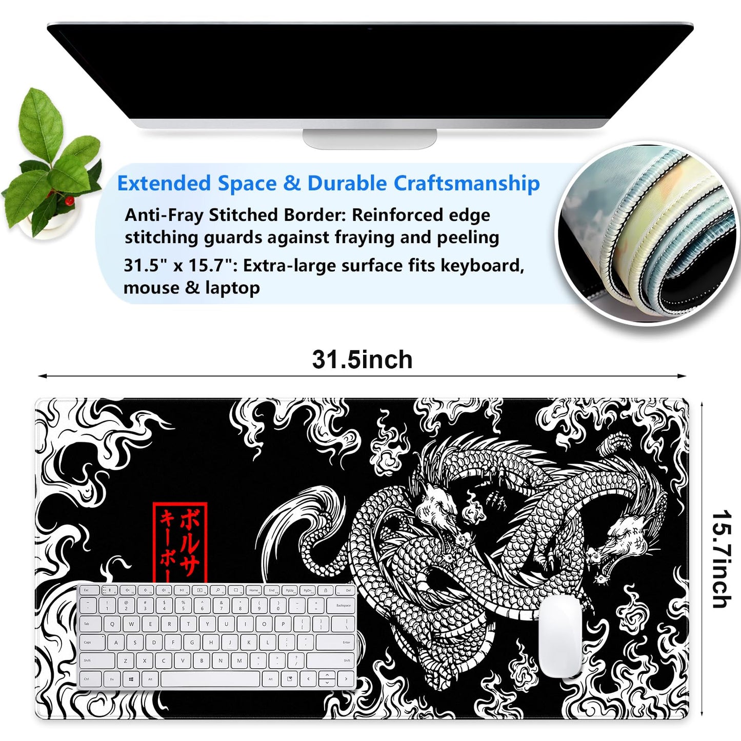 Cindasun Japanese Black White Dragon Desk Mat, XL Large Gaming Mouse Pad