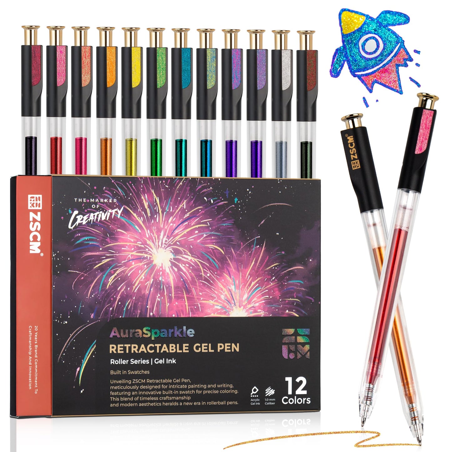 Retractable Aurasparkle Glitter Gel Pens, 12 Large Capacity Metallic Pens