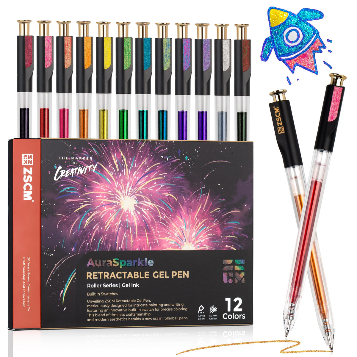 Retractable Aurasparkle Glitter Gel Pens, 12 Large Capacity Metallic Pens