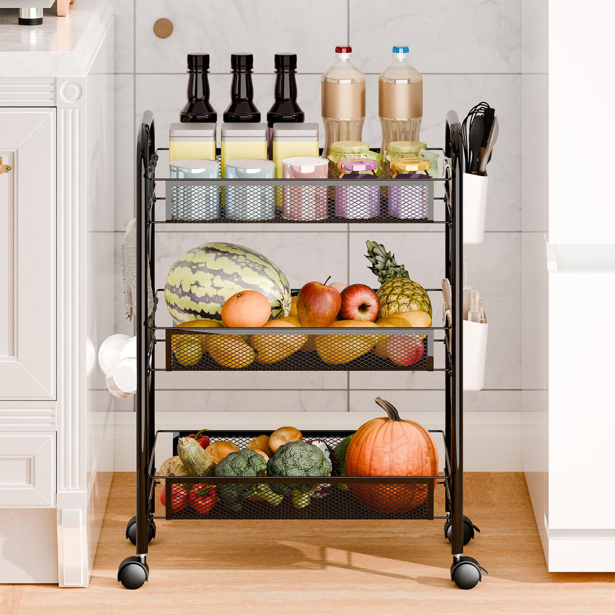 sxvbdway Fruit Vegetable Basket Storage Cart 5 Tier Stackable Metal Mesh Basket with 360 Degree
