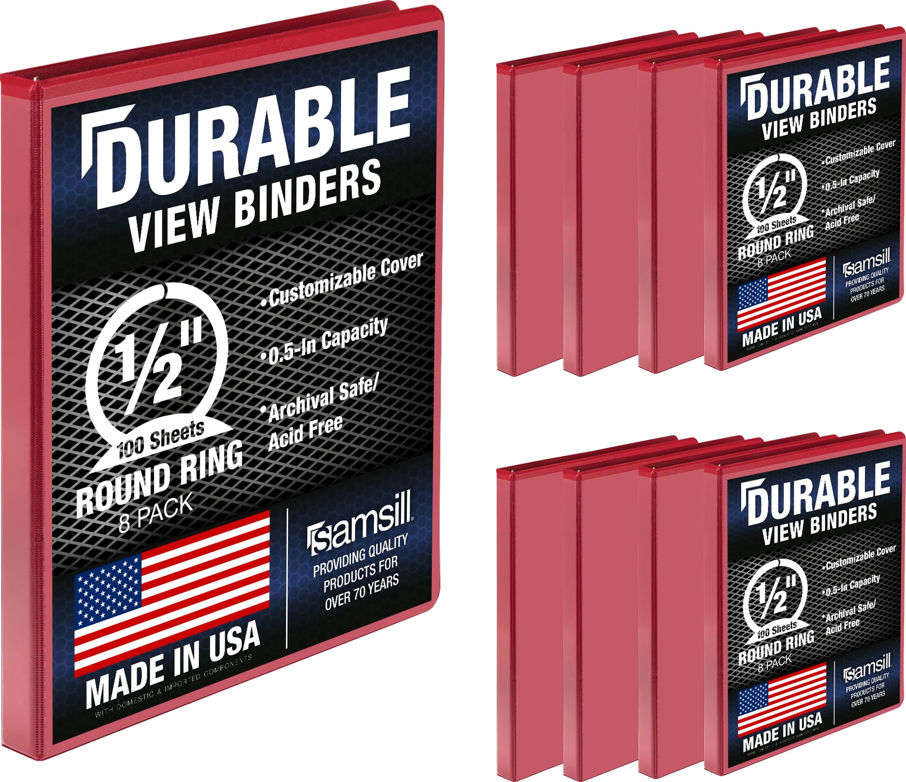 Samsill 8 Pack Durable 0.5 Inch 3 Ring Binders, Round Ring, Clear View Cover for Presentations, Red