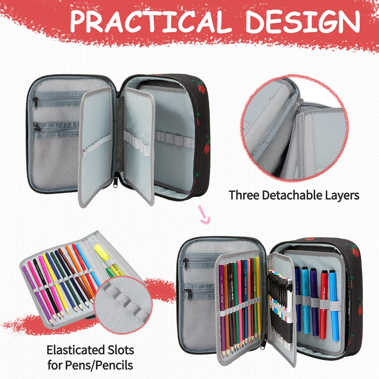 VASCHY Large Pencil Case Bag, Art Supply Marker Organizer Big Pen Pouch with Detachable Layers