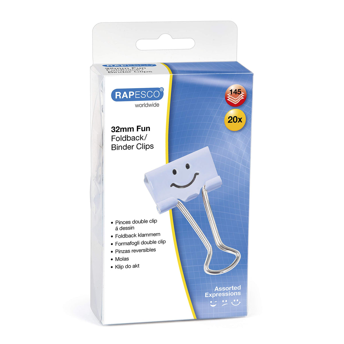 Rapesco Binder Clips, 32 mm Emoji Clips [Pack of 20], powder blue (1353)