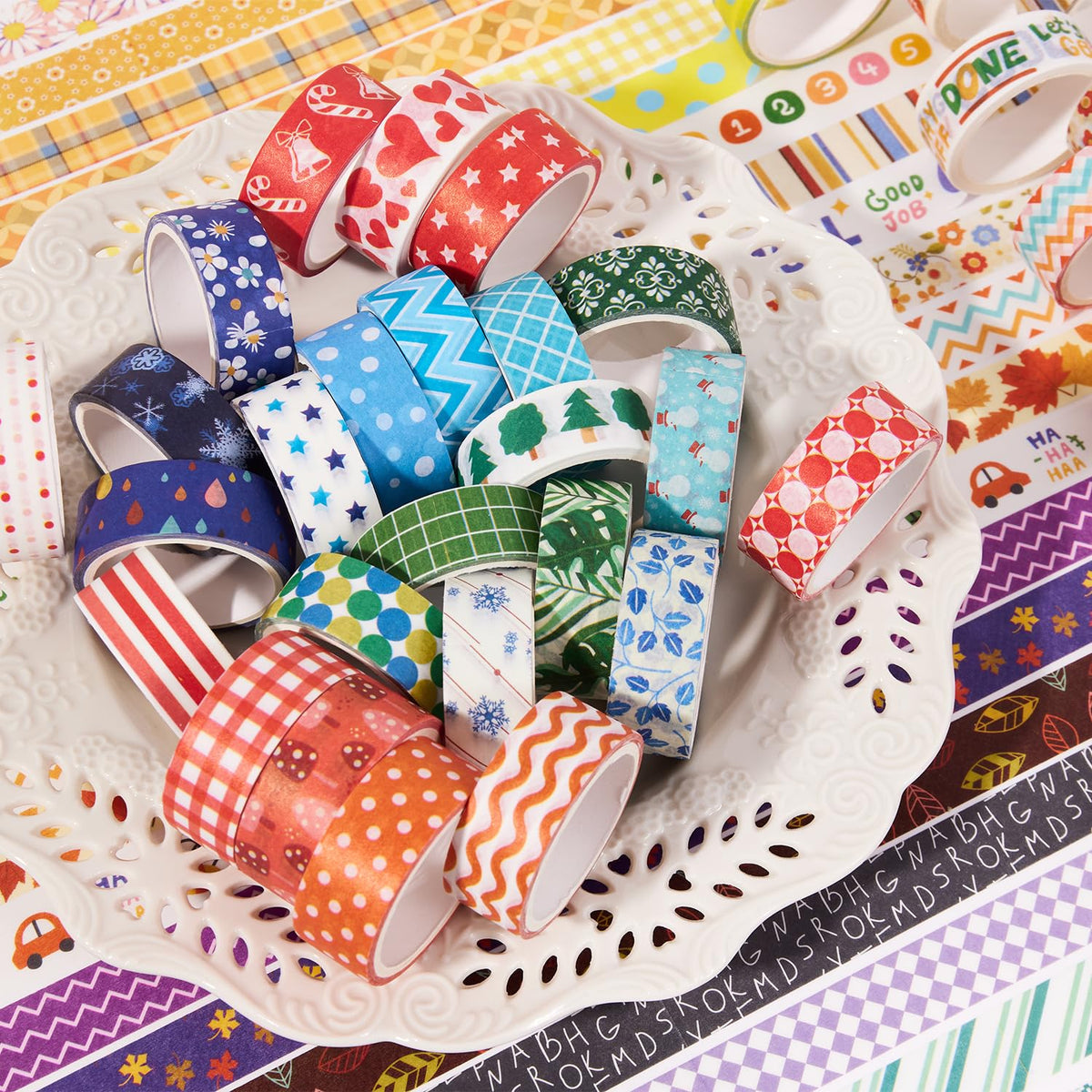 emmoolife 50 Rolls Washi Tape Set, 15mm Wide Rainbow Colored Tape Aesthetic Design Masking