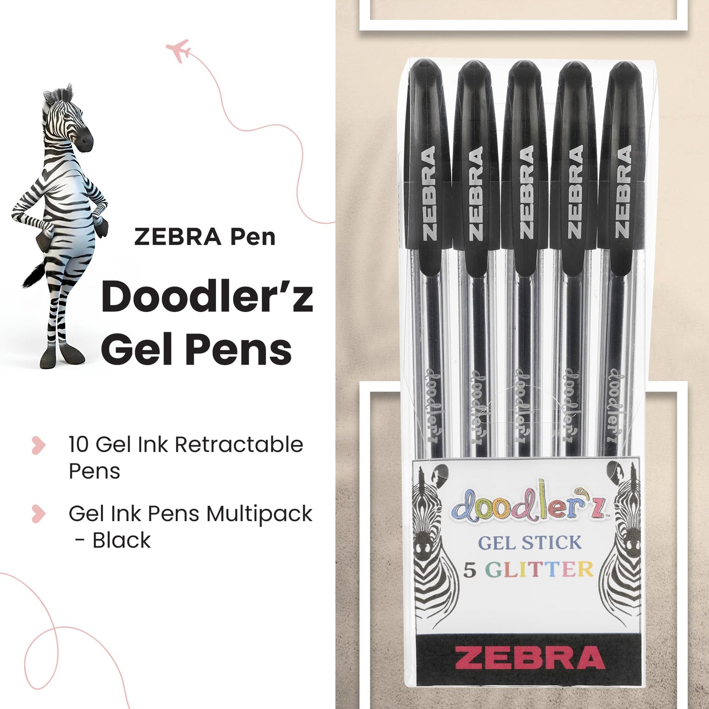 Zebra Pen Doodlerz Gel Stick Pen, Bold Point, 1.0mm, Black Ink, 5-Pack, 2660