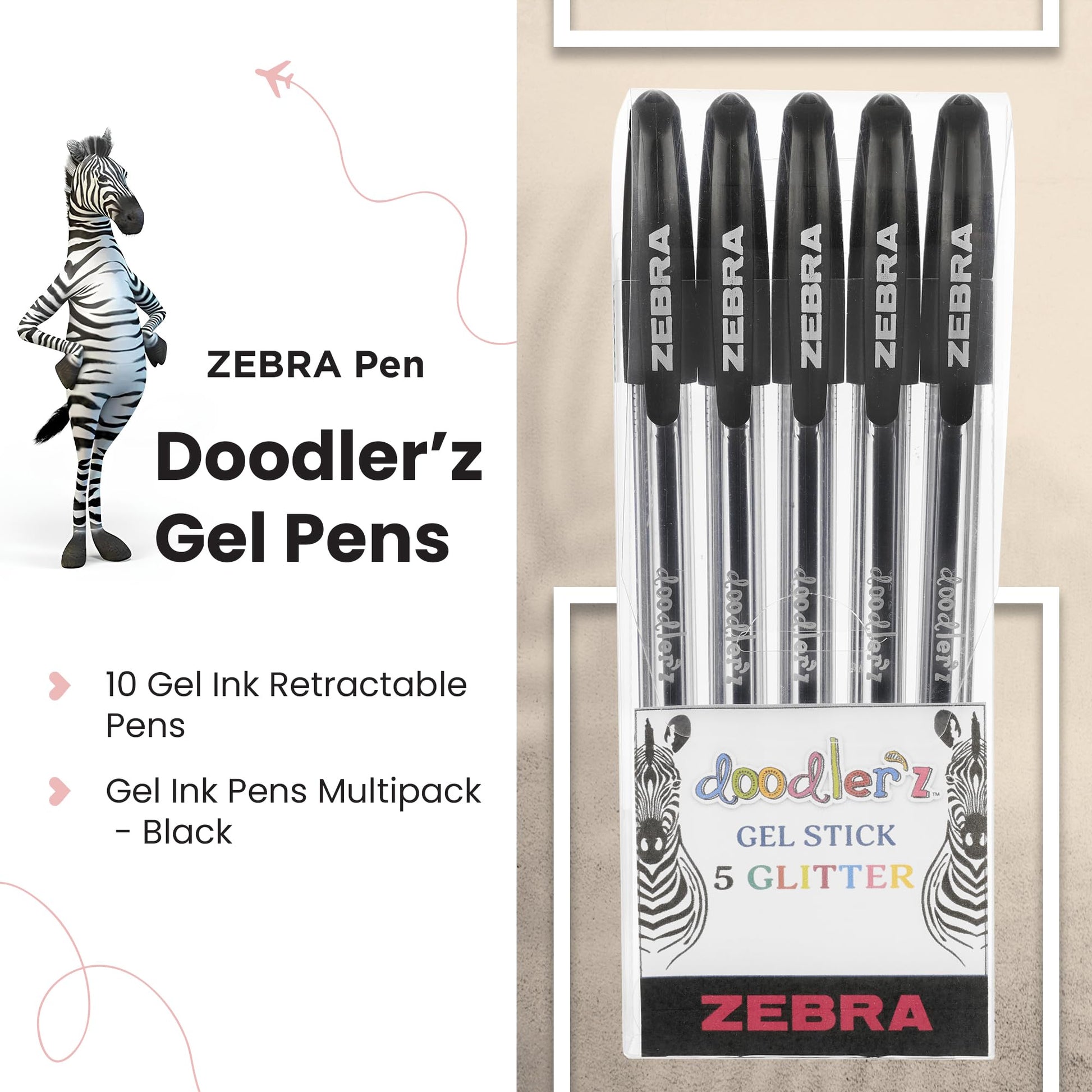 Zebra Pen Doodlerz Gel Stick Pen, Bold Point, 1.0mm, Black Ink, 5-Pack, 2660