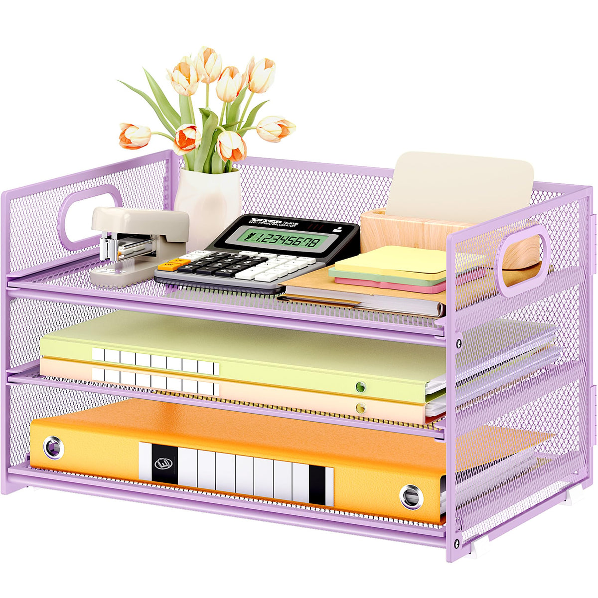 Subekyu 3 Tier Letter Tray Paper Organizer with Handle and 1 PC Sliding Tray, Purple Metal Mesh