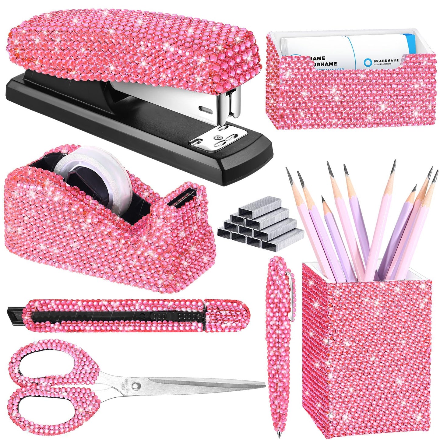 Demissle Pink 7 Pcs Bling Desk Accessories Set Office Kit for Women