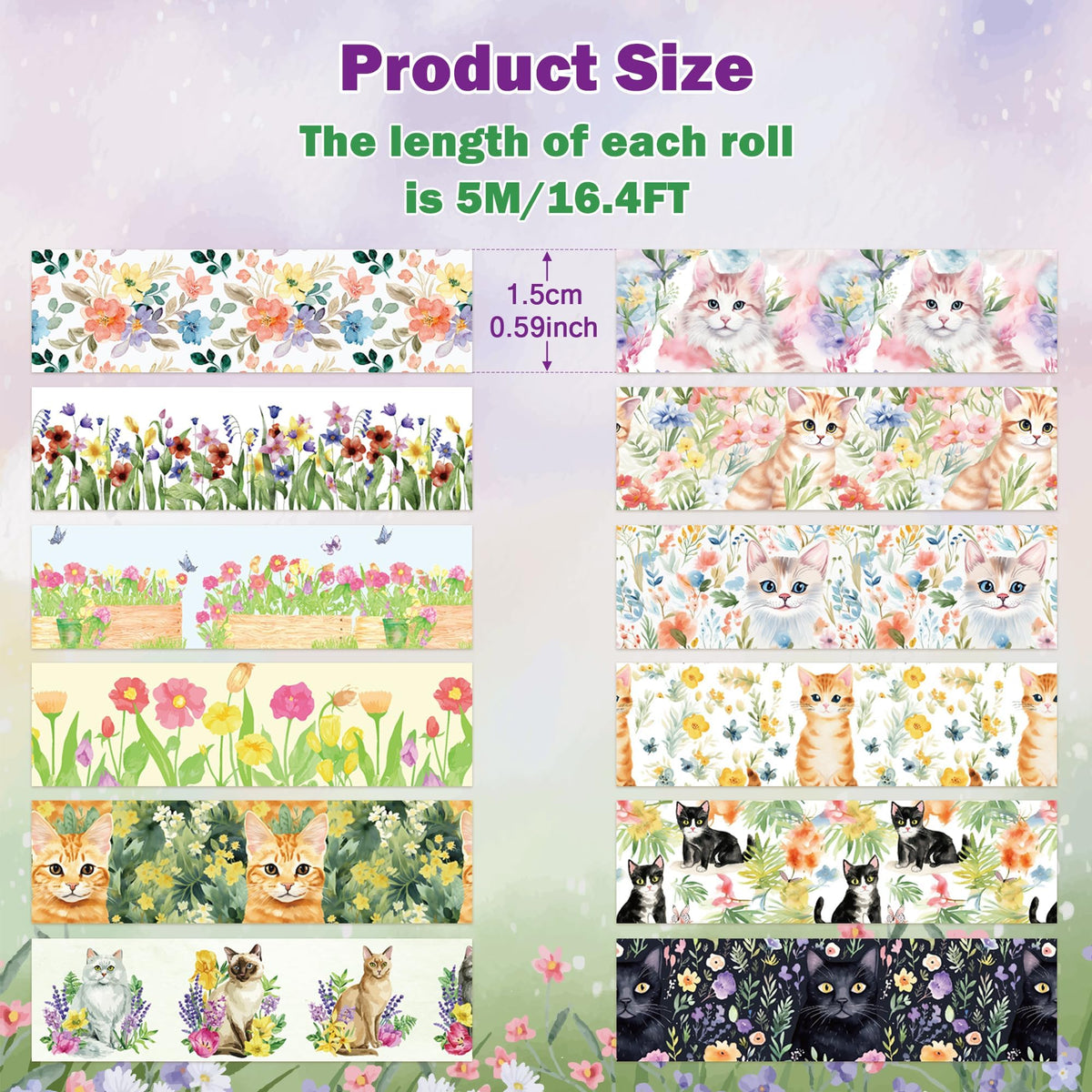 BkeeCten Spring Flower Washi Tape - 12 Roll Vibrant Cat Flower Scrapbook Washi Colored Painters