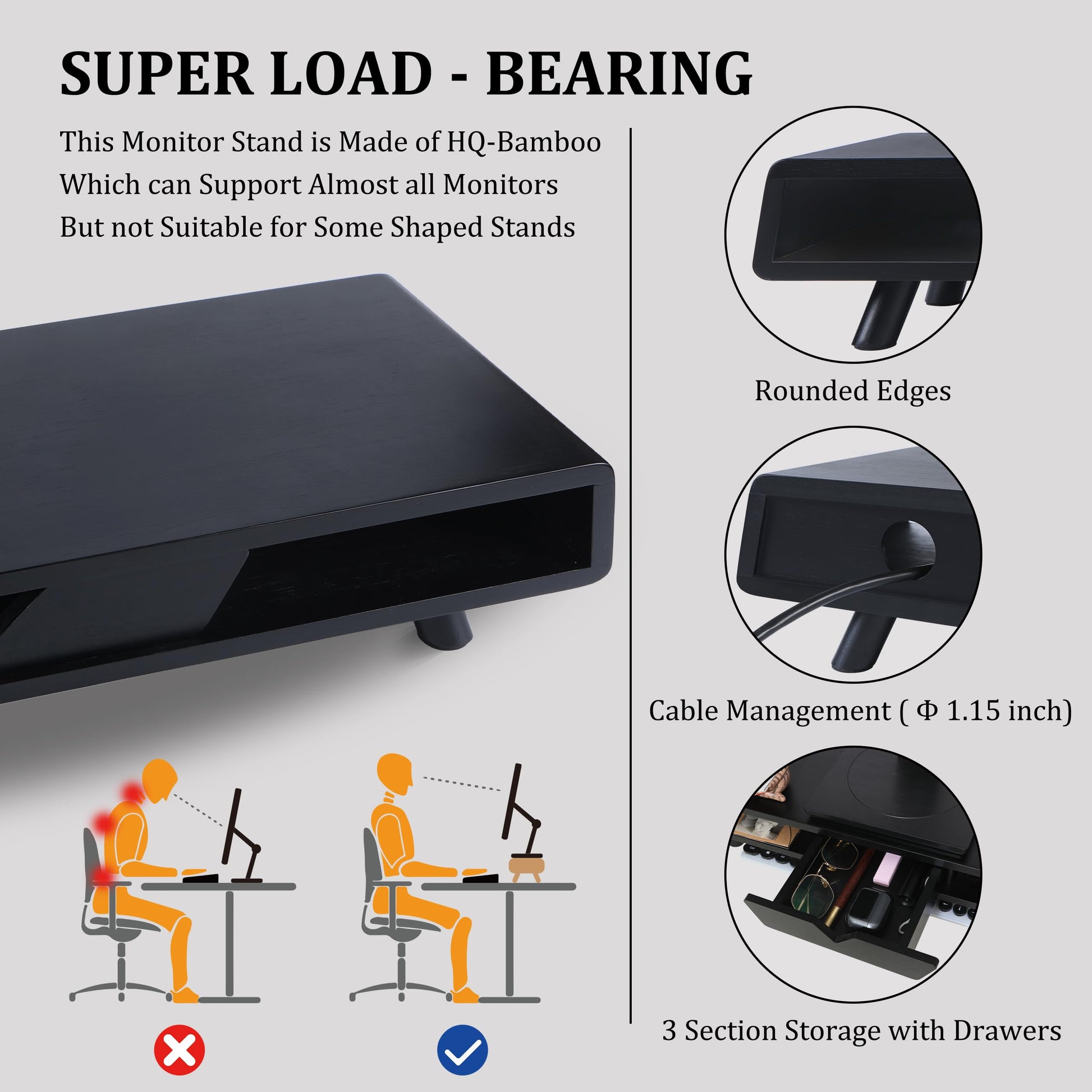 Homerays Monitor Stand with Drawer, Exquisite Computer Monitor Stand for Desk, Ergonomic Wood