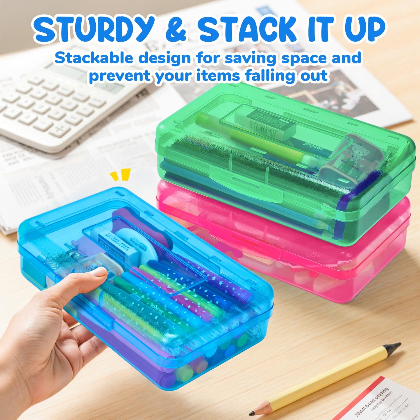 GAMENOTE Plastic Pencil Box with Snap-tight Lid, (Blue/Green/Pink) 6Pack