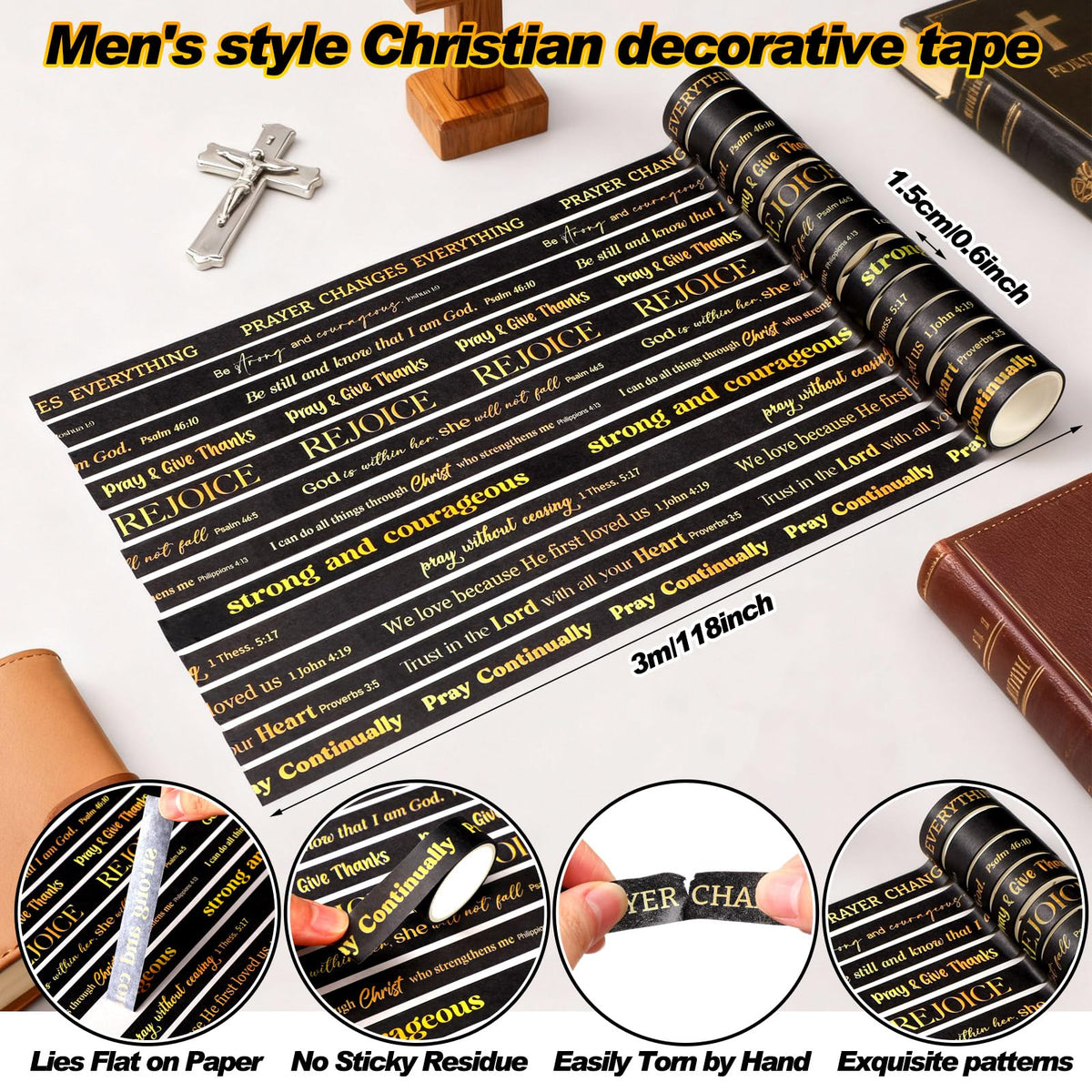 Janlaugh 24 Rolls Christian Washi Tape Gifts, Gold Foil Black Religious