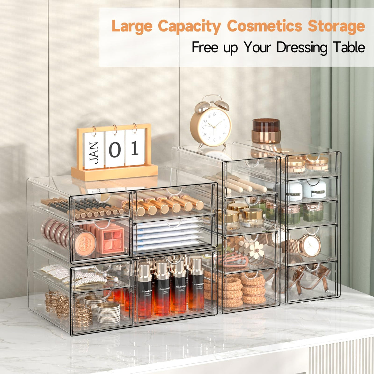 DOMNIU Acrylic Makeup Drawer Storage Organizer with 16 Drawers, 4 Set