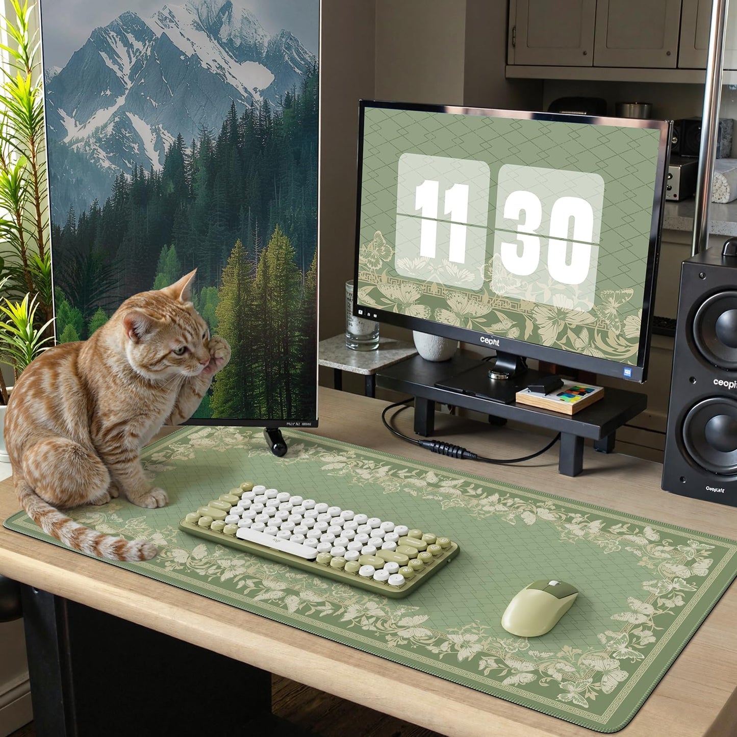 iCasso Floral Desk Mat for Keyboard and Mouse,Cute Mouse Pad,Light Green